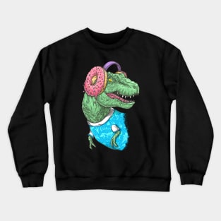 T-rex with headphones on black Crewneck Sweatshirt